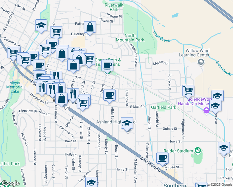 map of restaurants, bars, coffee shops, grocery stores, and more near 960 B Street in Ashland