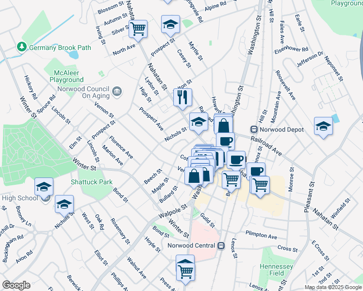 map of restaurants, bars, coffee shops, grocery stores, and more near 41 Maple Street in Norwood