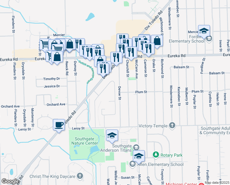 map of restaurants, bars, coffee shops, grocery stores, and more near 15610 Garrison Lane in Southgate