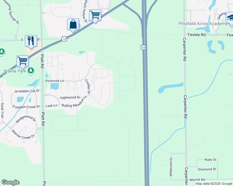 map of restaurants, bars, coffee shops, grocery stores, and more near 4320 Rolling Meadow Lane in Ypsilanti