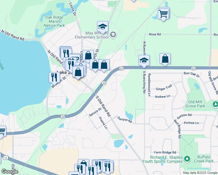 map of restaurants, bars, coffee shops, grocery stores, and more near 142 Potawatomi Trail in Lake Zurich
