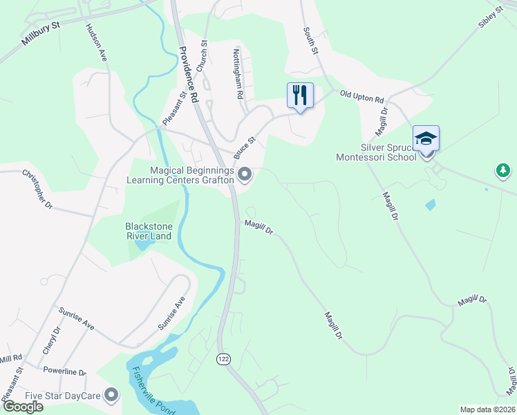 map of restaurants, bars, coffee shops, grocery stores, and more near 246 Magill Drive in Grafton