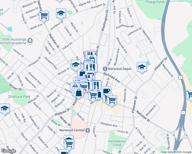 map of restaurants, bars, coffee shops, grocery stores, and more near in Norwood