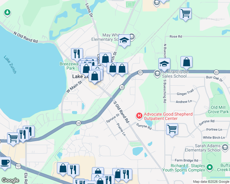 map of restaurants, bars, coffee shops, grocery stores, and more near 300 South Old Rand Road in Lake Zurich