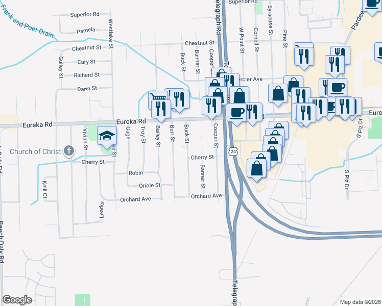 map of restaurants, bars, coffee shops, grocery stores, and more near 15315 Buck Street in Taylor