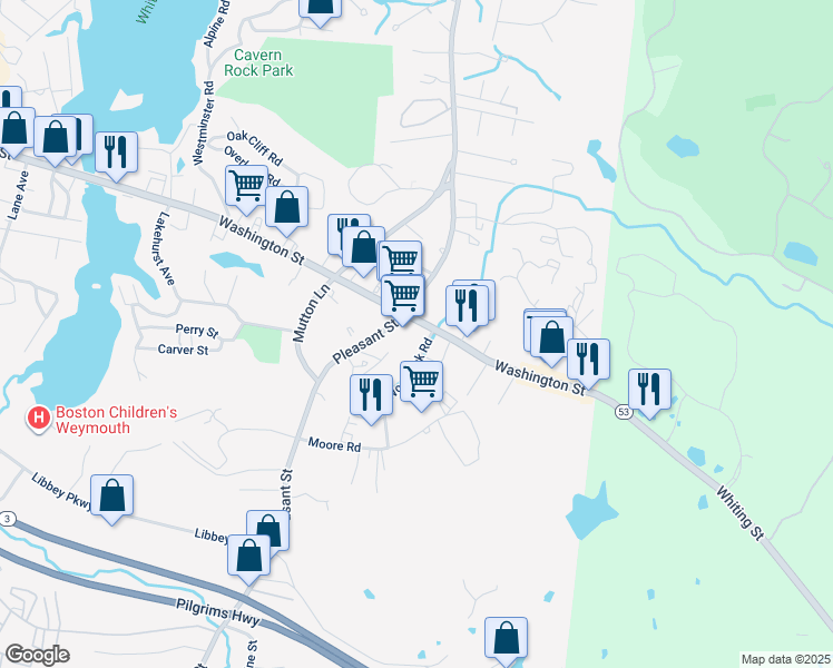 map of restaurants, bars, coffee shops, grocery stores, and more near 1239 Washington Street in Weymouth
