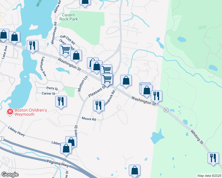 map of restaurants, bars, coffee shops, grocery stores, and more near 1239 Washington Street in Weymouth