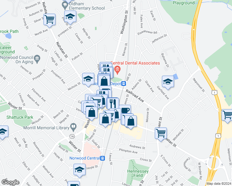 map of restaurants, bars, coffee shops, grocery stores, and more near 132 Railroad Avenue in Norwood
