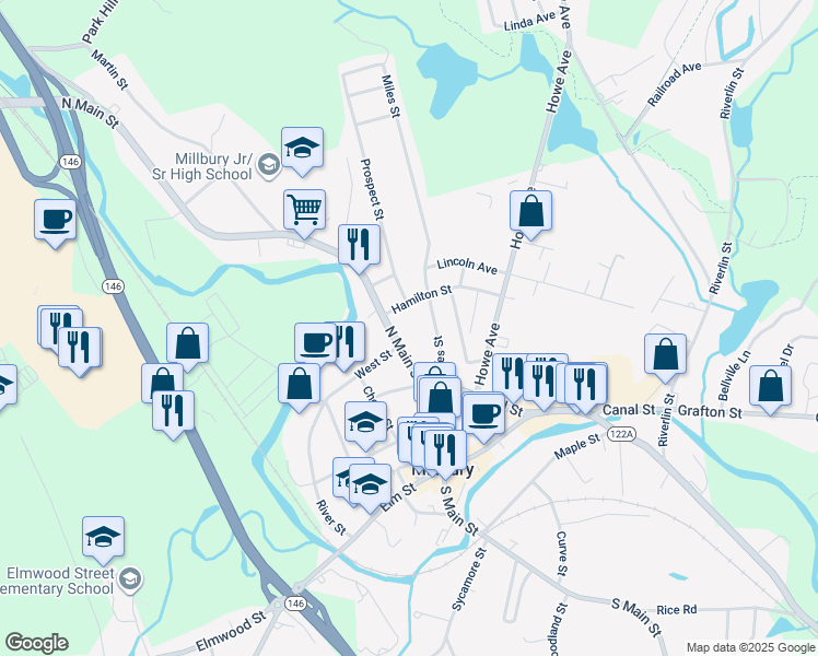 map of restaurants, bars, coffee shops, grocery stores, and more near 72 North Main Street in Millbury