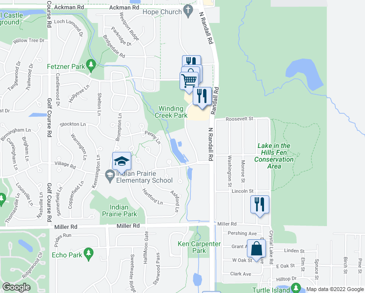 map of restaurants, bars, coffee shops, grocery stores, and more near 1676 Carlemont Drive in Crystal Lake
