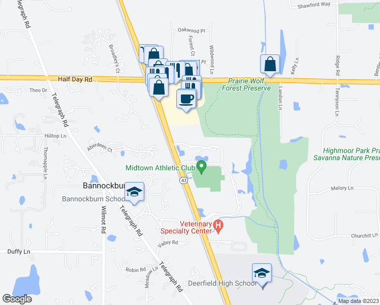 map of restaurants, bars, coffee shops, grocery stores, and more near 2333 Waukegan Road in Bannockburn