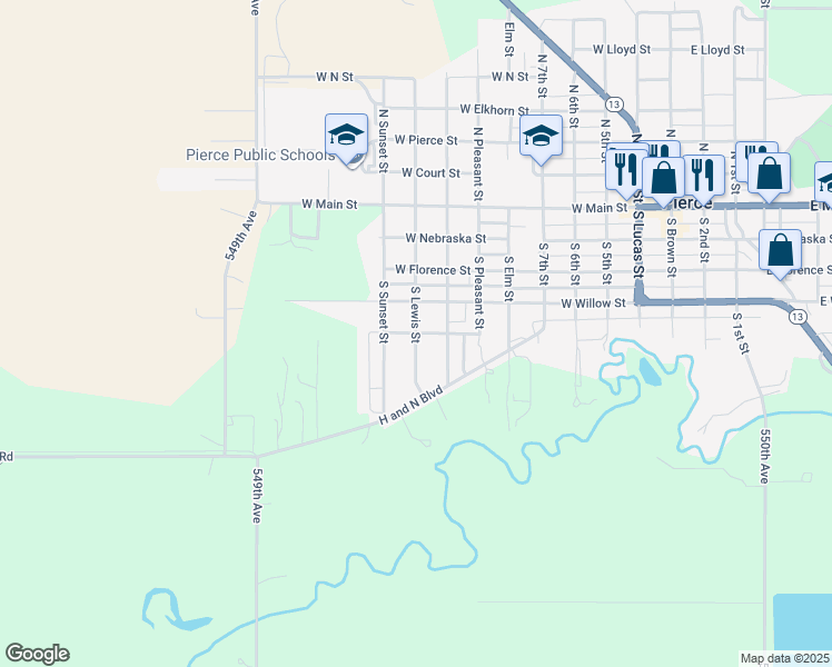 map of restaurants, bars, coffee shops, grocery stores, and more near 501 South Lewis Street in Pierce