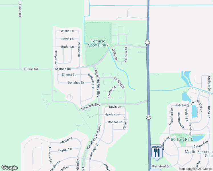 map of restaurants, bars, coffee shops, grocery stores, and more near 9290 Ramsdell Street in Huntley