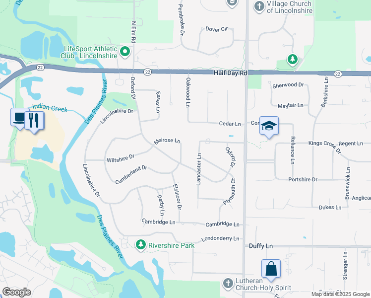 map of restaurants, bars, coffee shops, grocery stores, and more near 26 Oxford Drive in Lincolnshire