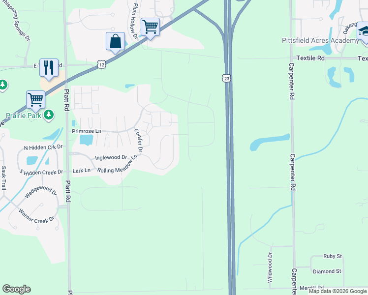 map of restaurants, bars, coffee shops, grocery stores, and more near 4320 Rolling Meadow Lane in Ypsilanti