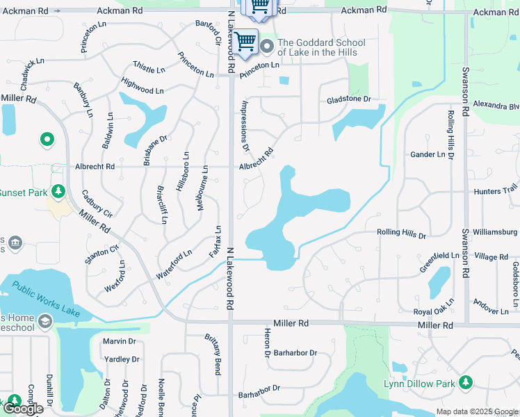 map of restaurants, bars, coffee shops, grocery stores, and more near 2848 Impressions Drive in Lake in the Hills