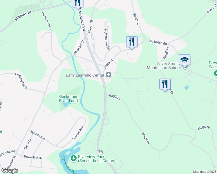 map of restaurants, bars, coffee shops, grocery stores, and more near 258 Magill Drive in Grafton