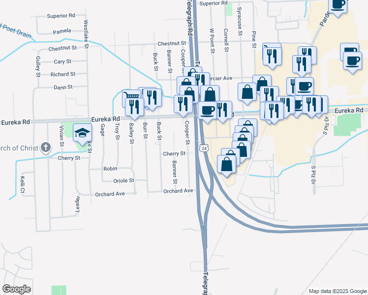 map of restaurants, bars, coffee shops, grocery stores, and more near 24245 Cherry Street in Taylor
