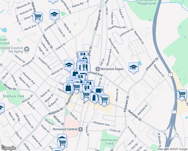 map of restaurants, bars, coffee shops, grocery stores, and more near 132 Railroad Avenue in Norwood