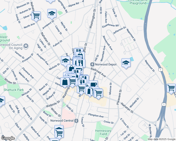 map of restaurants, bars, coffee shops, grocery stores, and more near 140 Railroad Avenue in Norwood