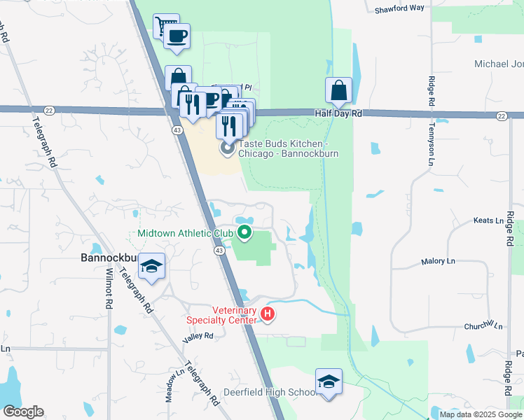 map of restaurants, bars, coffee shops, grocery stores, and more near 2345 Waukegan Road in Bannockburn