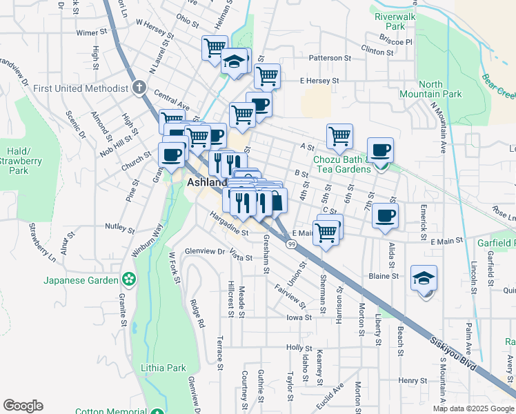 map of restaurants, bars, coffee shops, grocery stores, and more near 44 North 2nd Street in Ashland