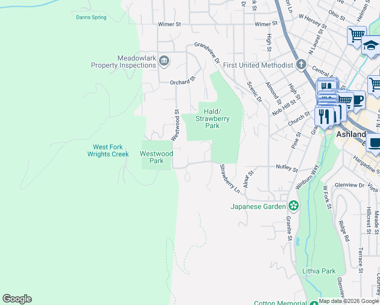 map of restaurants, bars, coffee shops, grocery stores, and more near 503 Strawberry Lane in Ashland