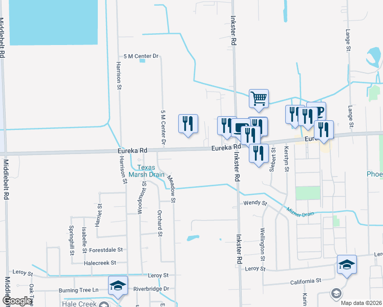 map of restaurants, bars, coffee shops, grocery stores, and more near 27630 Eureka Road in Romulus