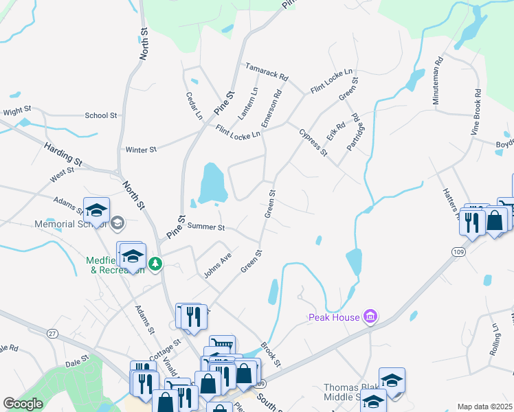 map of restaurants, bars, coffee shops, grocery stores, and more near 3 Lilac Lane in Medfield