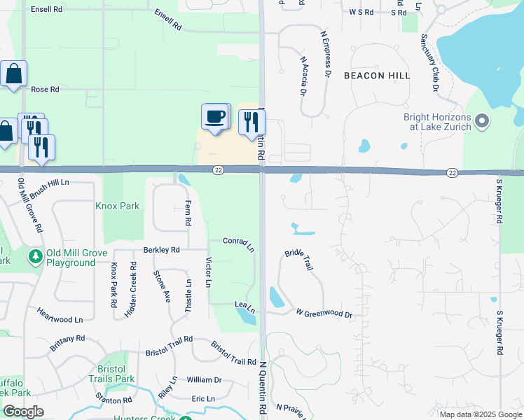 map of restaurants, bars, coffee shops, grocery stores, and more near 22921 North Quentin Road in Kildeer