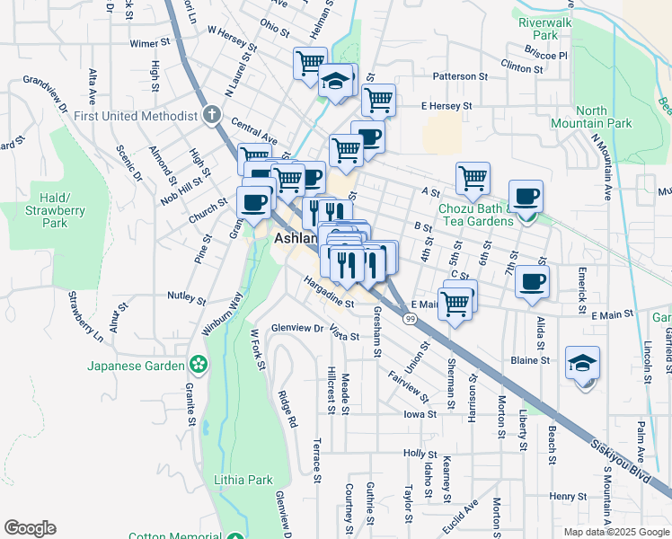 map of restaurants, bars, coffee shops, grocery stores, and more near 31 South 2nd Street in Ashland