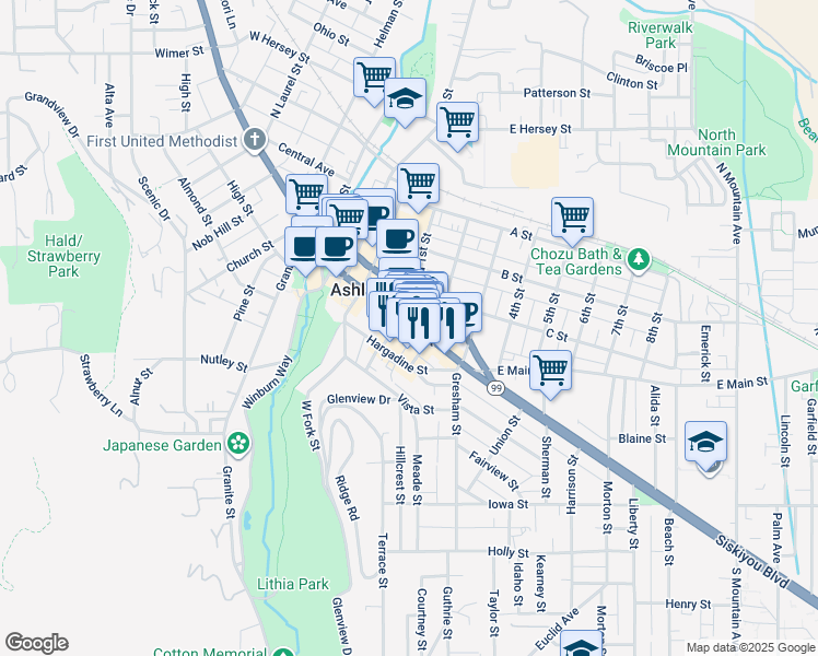 map of restaurants, bars, coffee shops, grocery stores, and more near 250 East Main Street in Ashland
