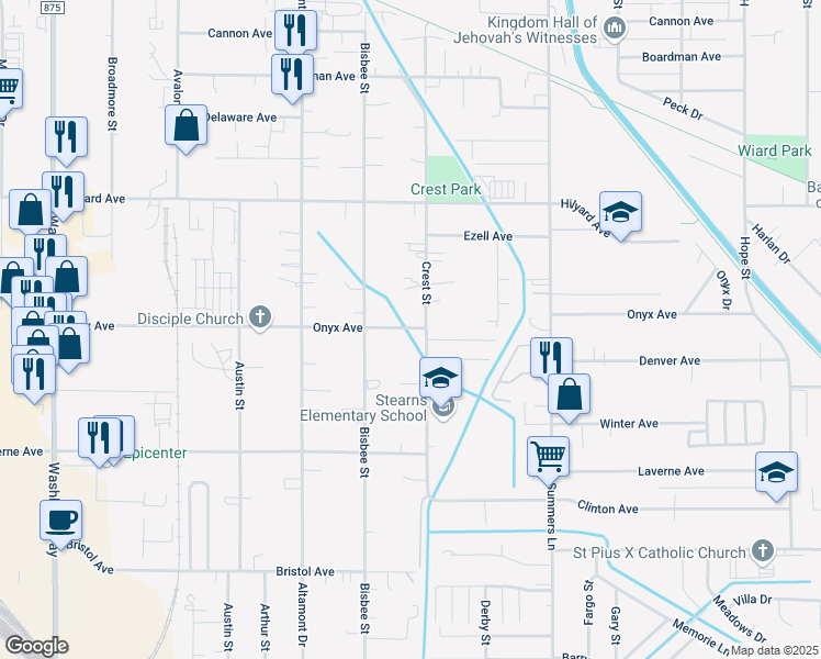 map of restaurants, bars, coffee shops, grocery stores, and more near 3440 Crest Street in Klamath Falls