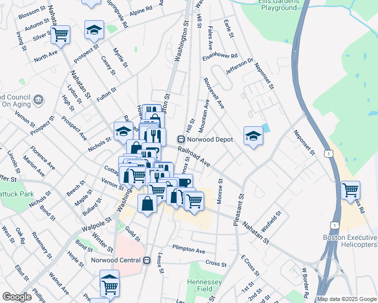 map of restaurants, bars, coffee shops, grocery stores, and more near 9 K Street in Norwood