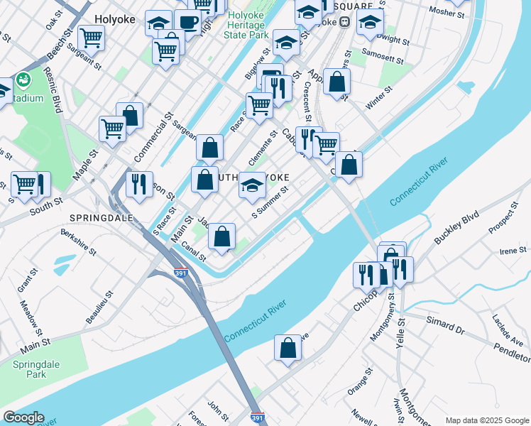 map of restaurants, bars, coffee shops, grocery stores, and more near 5 Adams Street in Holyoke