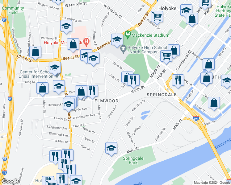 map of restaurants, bars, coffee shops, grocery stores, and more near in Holyoke