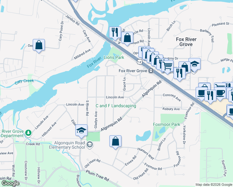 map of restaurants, bars, coffee shops, grocery stores, and more near 609 Lincoln Avenue in Fox River Grove