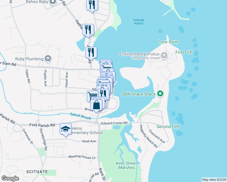map of restaurants, bars, coffee shops, grocery stores, and more near 100 Cole Parkway in Scituate