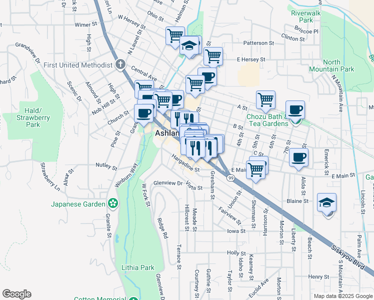 map of restaurants, bars, coffee shops, grocery stores, and more near 232 East Main Street in Ashland