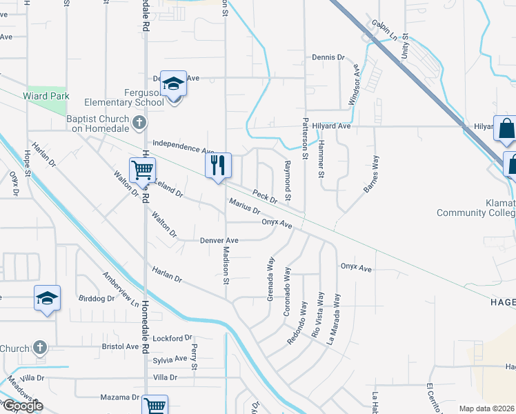 map of restaurants, bars, coffee shops, grocery stores, and more near 5981 Marius Drive in Klamath Falls