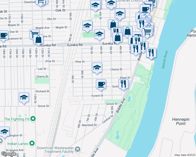map of restaurants, bars, coffee shops, grocery stores, and more near 640 Plum Street in Wyandotte