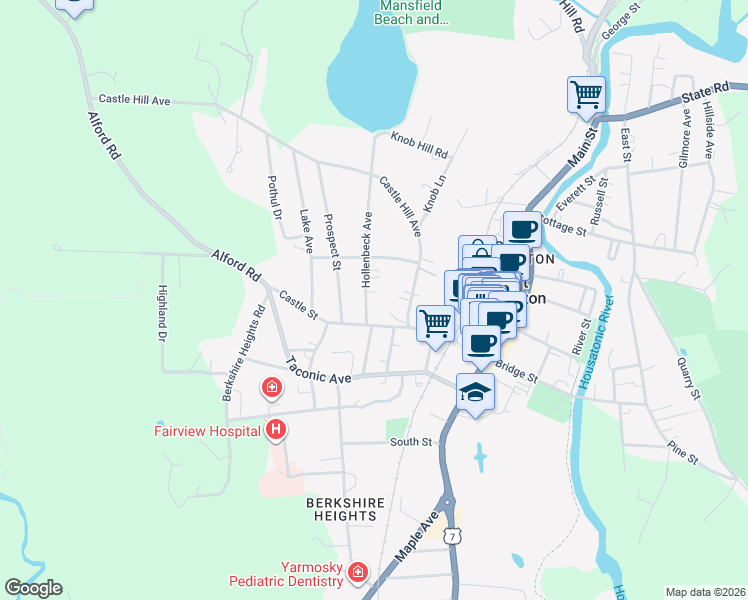 map of restaurants, bars, coffee shops, grocery stores, and more near 20 Hollenbeck Avenue in Great Barrington