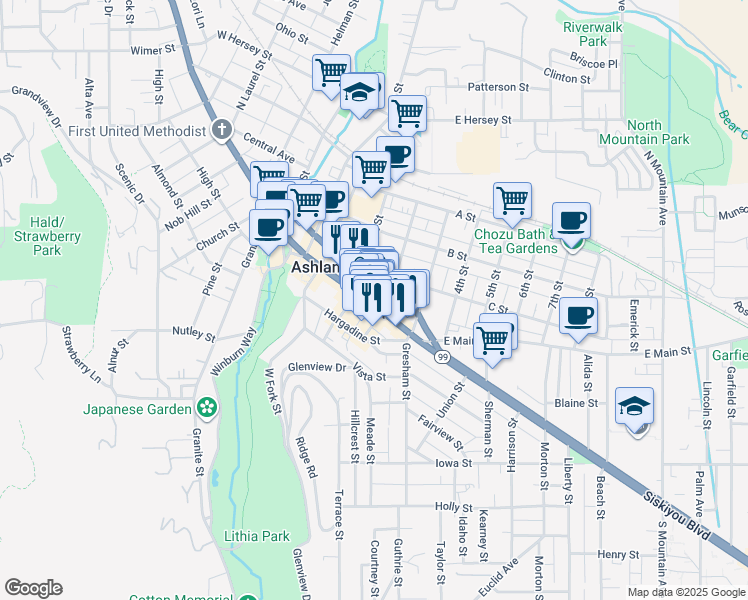 map of restaurants, bars, coffee shops, grocery stores, and more near 31 South 2nd Street in Ashland