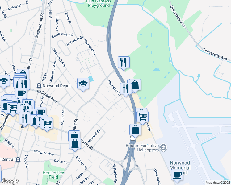 map of restaurants, bars, coffee shops, grocery stores, and more near 44-46 Oxford Road in Norwood