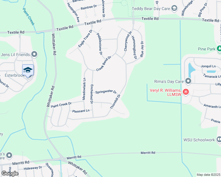map of restaurants, bars, coffee shops, grocery stores, and more near 8047 Springwater Drive in Ypsilanti