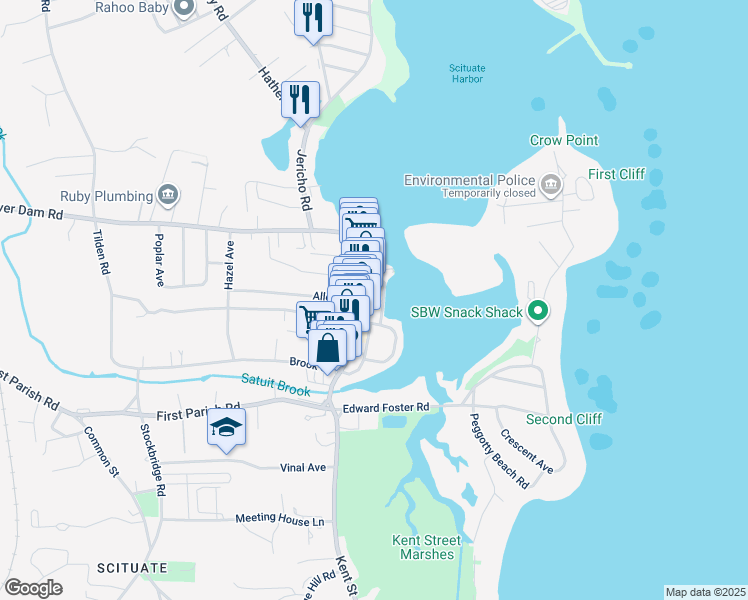map of restaurants, bars, coffee shops, grocery stores, and more near 4 Mill Wharf Plaza in Scituate