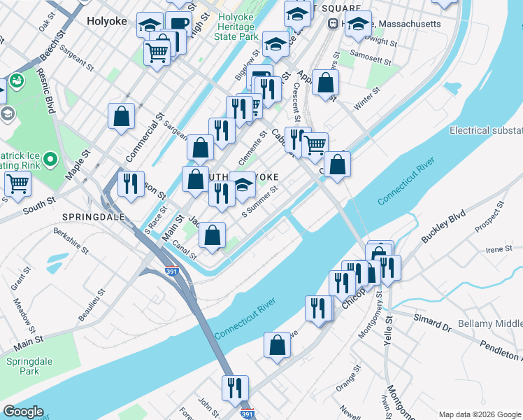 map of restaurants, bars, coffee shops, grocery stores, and more near 16 Sargeant Street in Holyoke