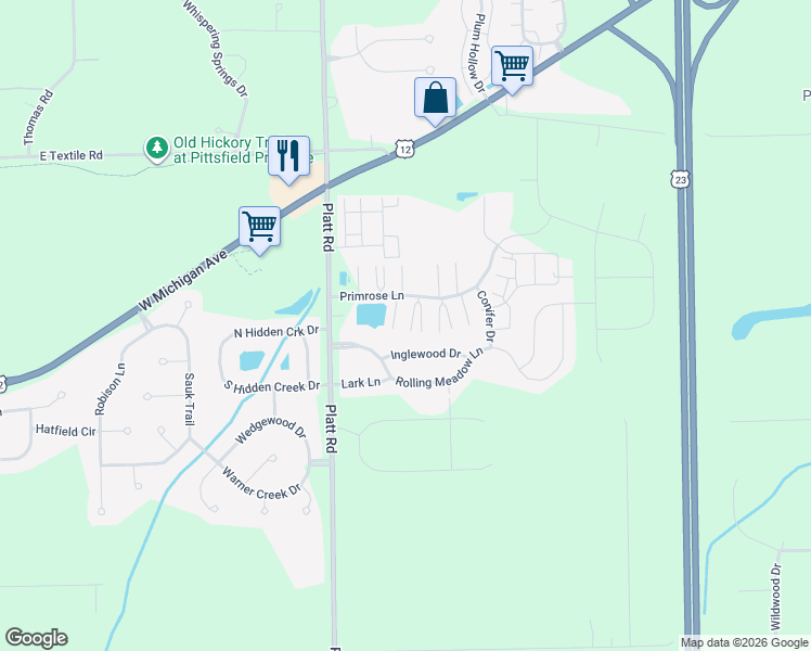 map of restaurants, bars, coffee shops, grocery stores, and more near 3118 Primrose Lane in Ypsilanti