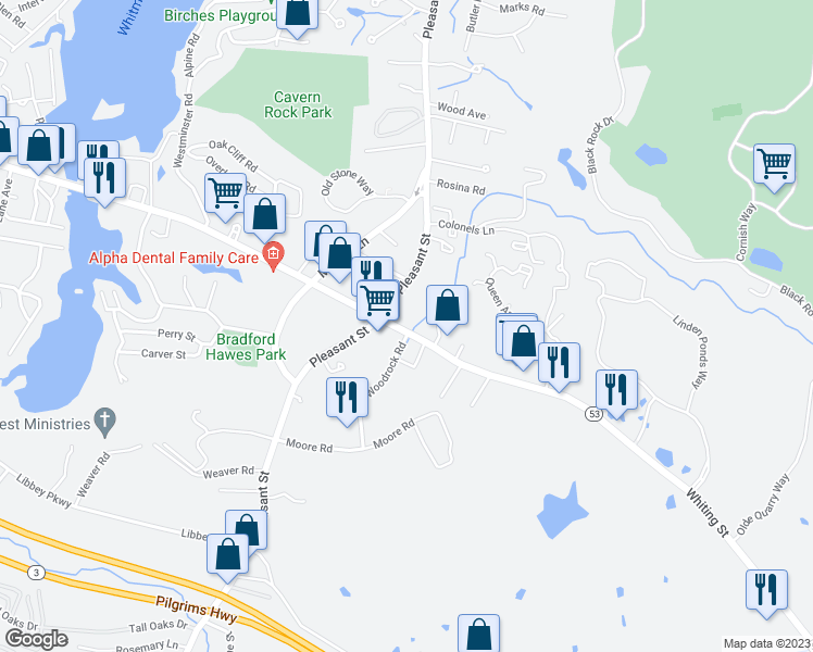 map of restaurants, bars, coffee shops, grocery stores, and more near 25 Woodrock Road in Weymouth