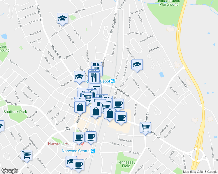 map of restaurants, bars, coffee shops, grocery stores, and more near 132 Railroad Avenue in Norwood